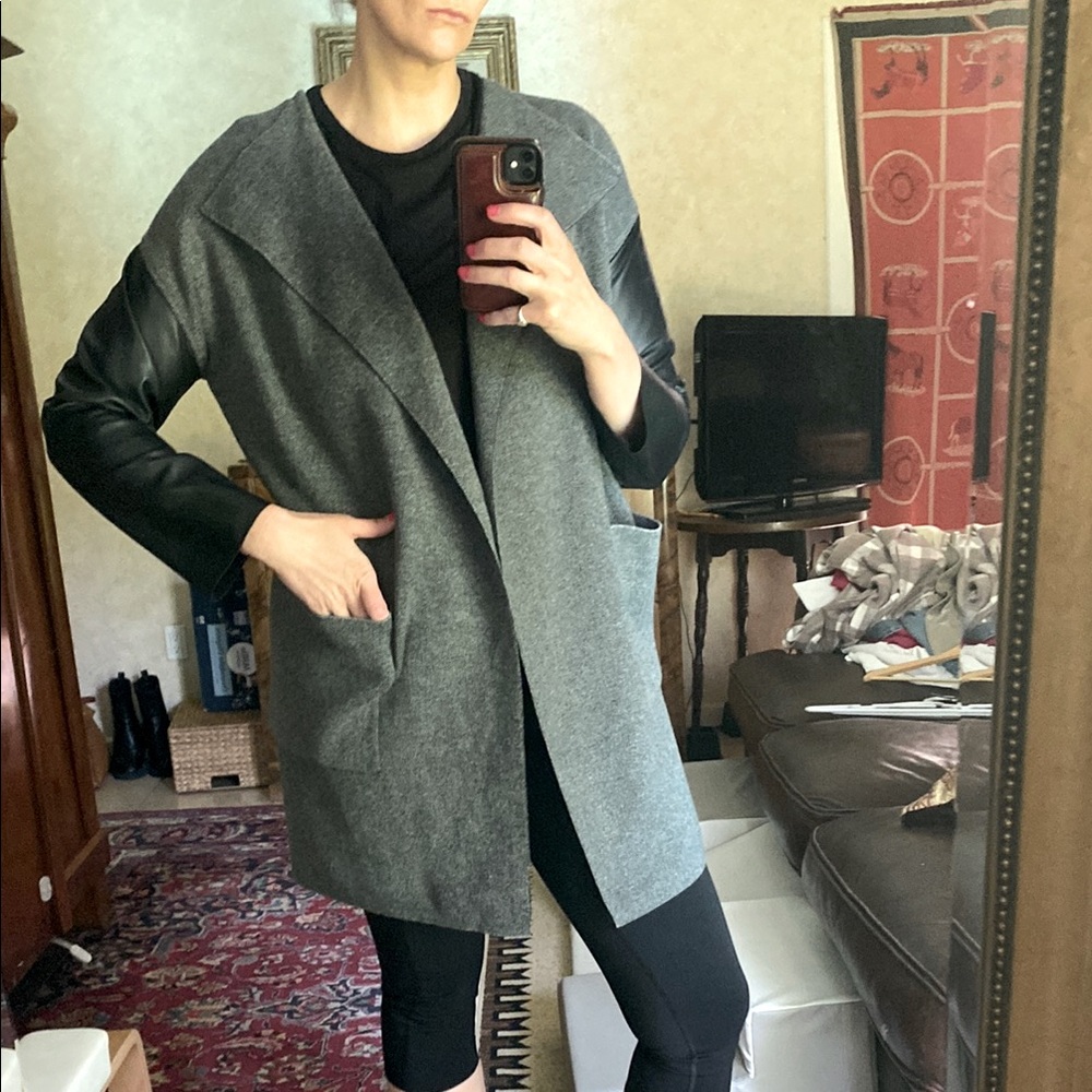 Women's Gray knit and Black leather faux sleeve blazer